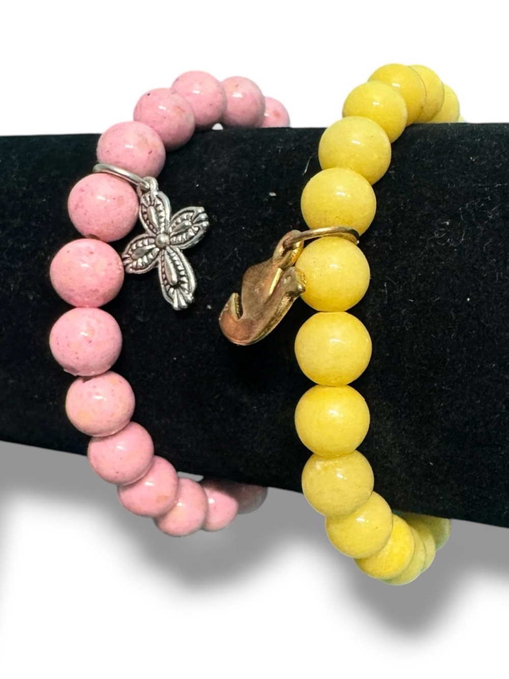 Chavez For Charity CFC Set of 2 Beaded Stretch Bracelets Pink Yellow Flower Anch